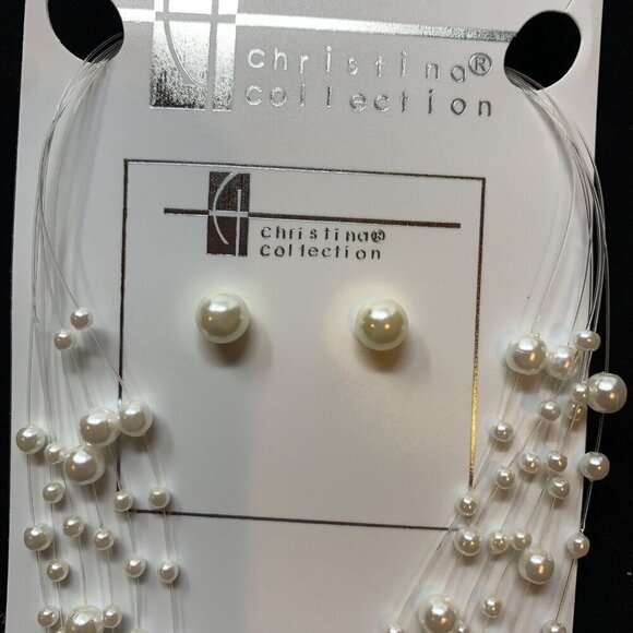 CHRISTINA Necklace Earring Jewelry Set White PEARL ILLUSION Party Gift Prom Adju - Picture 8 of 10